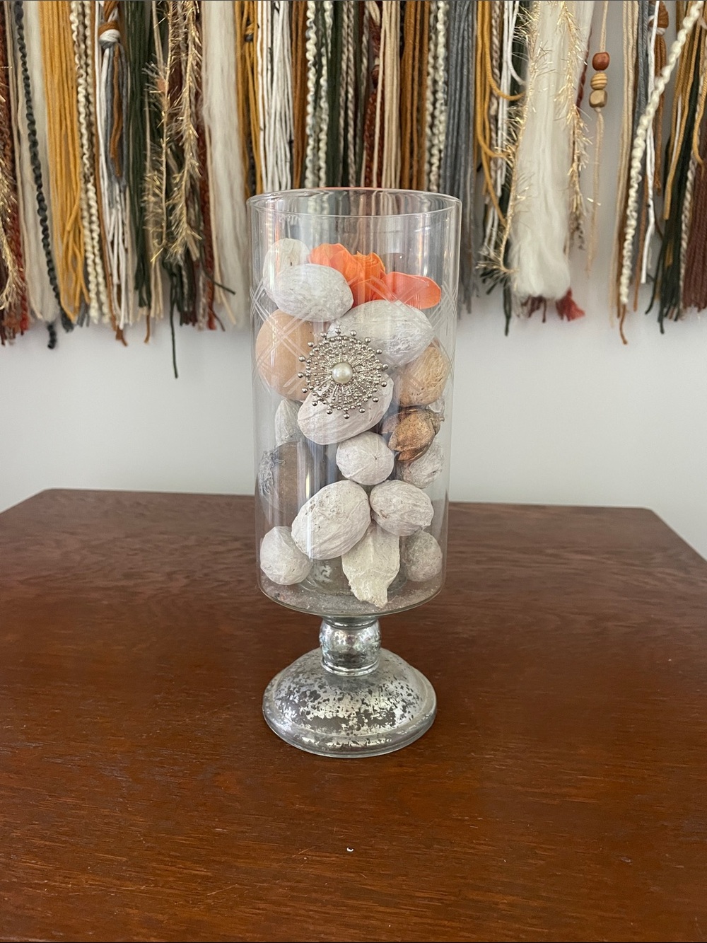 Glass Hurricane Vase with Decorative fillers  - White & Orange